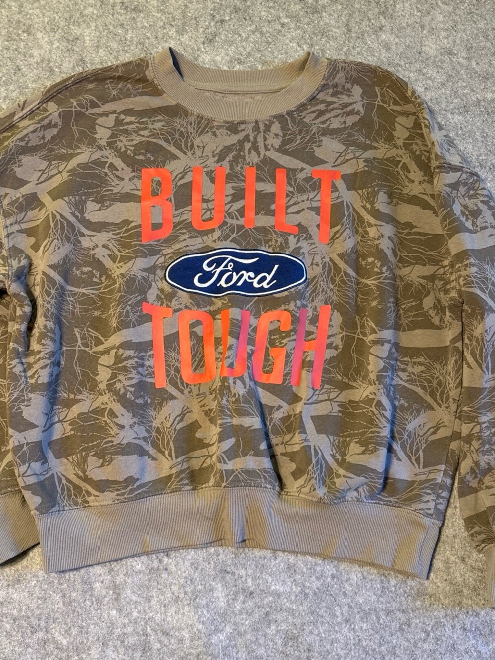 Ford Olive Camo Crewneck Sweatshirt with Orange Lettering